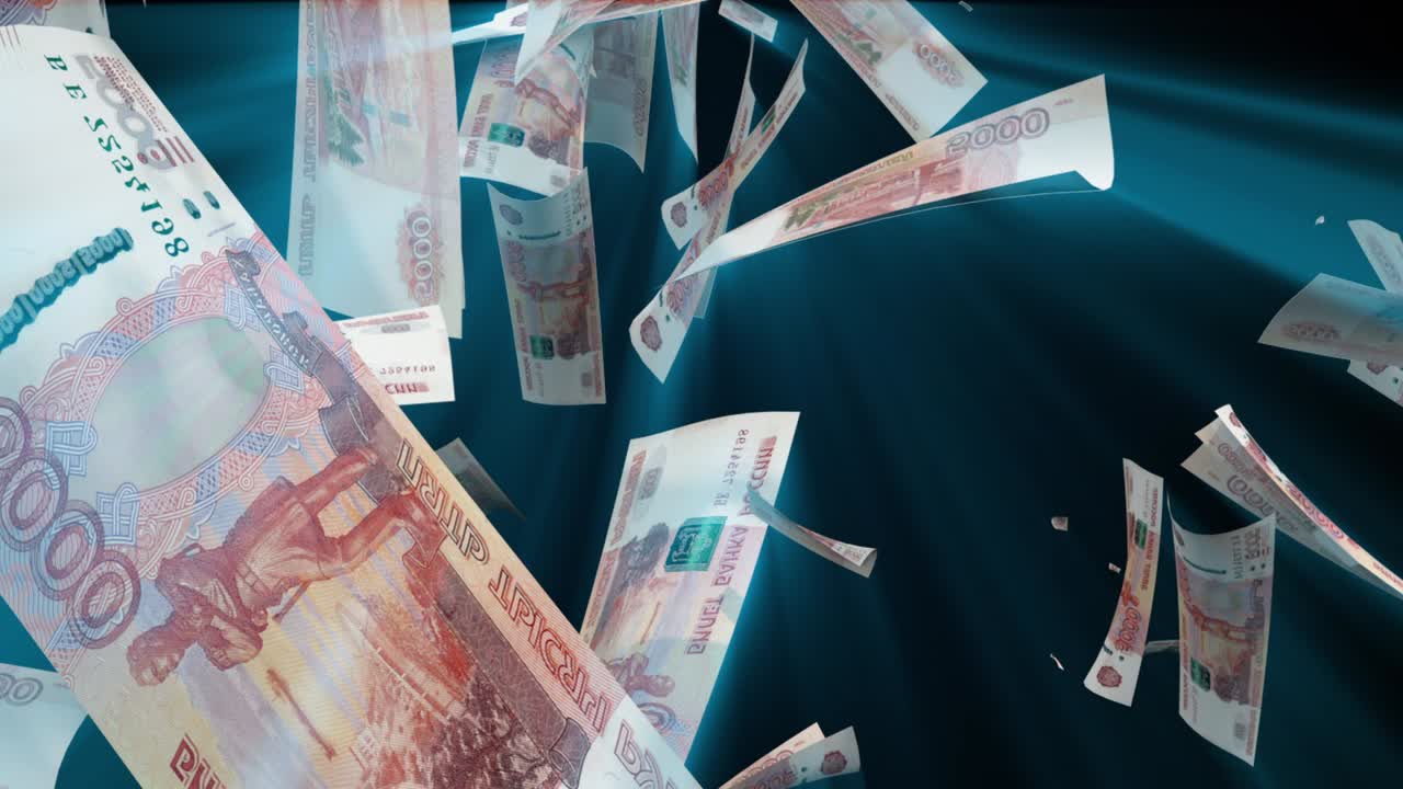 많은 루블이 위에서 떨어지고, 3d 렌더링, 컴퓨터 생성 배경, 돈 비의 효과, 비즈니스 성공