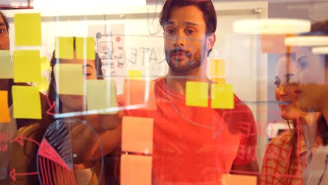 business colleagues discussing over sticky notes
