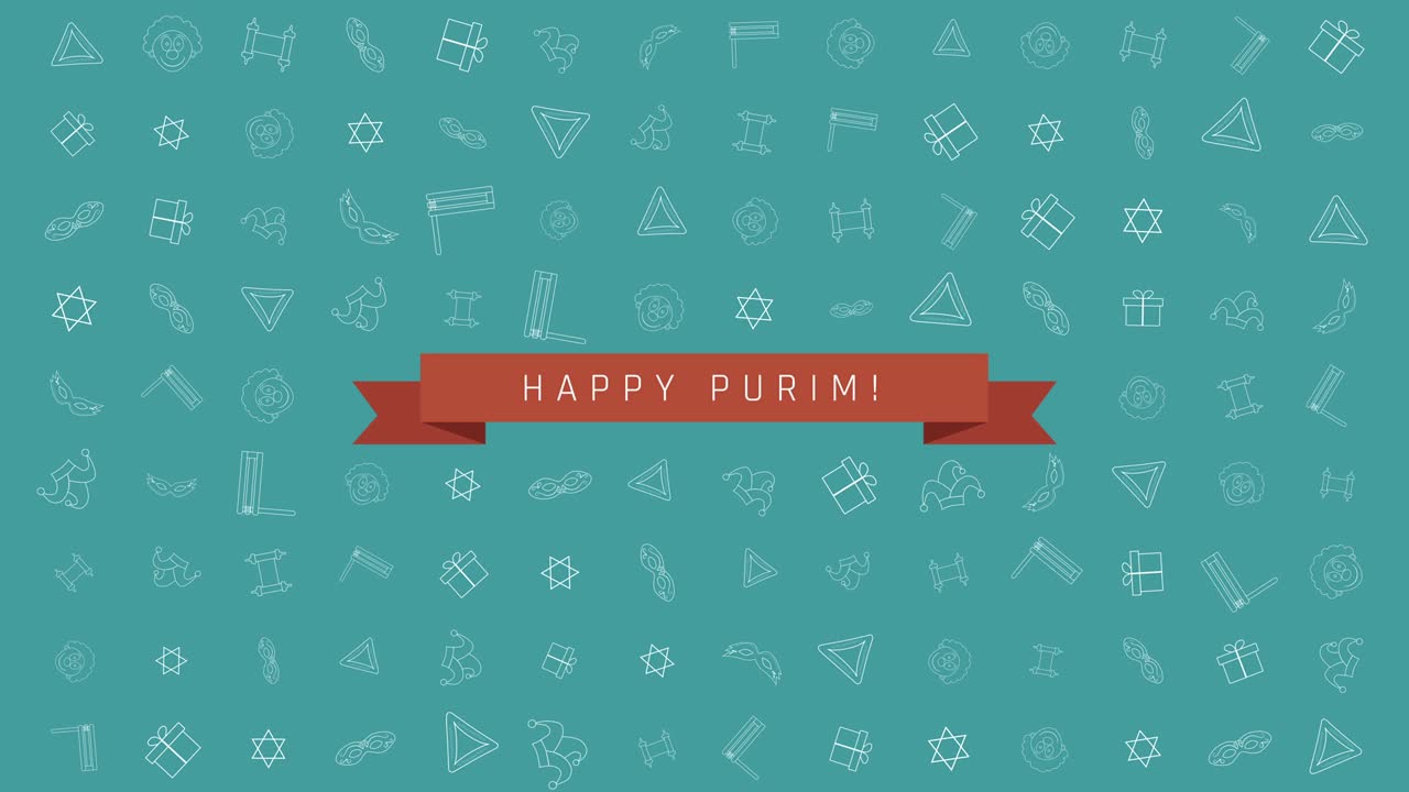 푸림 휴일 평평한 디자인 애니메이션 배경과 전통적인 윤 아이콘 기호 및 영어 텍스트