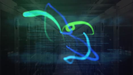 Animation-Von-Mehrfarbigen-Abstrakten-Mustern-Und-Computersprache-über-Dem-Serverraum-Im-Hintergrund