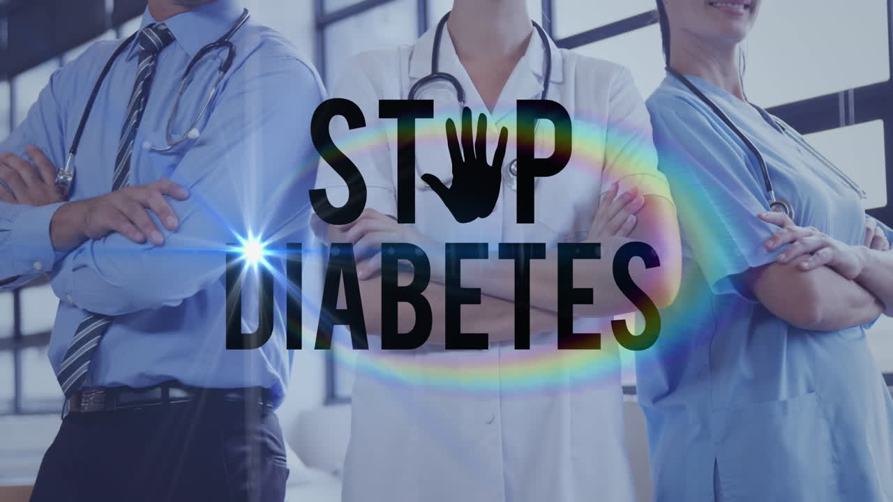 Animazione del testo 'stop al diabete' su un gruppo di medici
