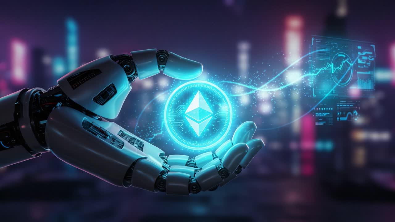 A Futuristic Robotic Hand Manipulates a Glowing Ethereum Symbol Amidst a High-Tech, Neon-Lit Cityscape, Representing Advanced Technology and Cryptocurrency Dynamics