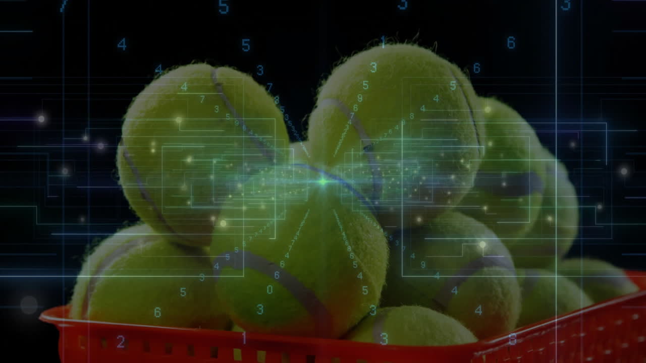 Tennis balls piling inside red basket, displaying digital grid and glowing nodes in 3D render