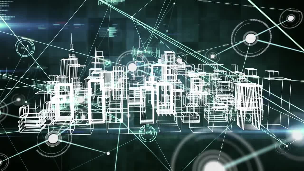animación de la red de conexiones sobre la ciudad digital en fondo negro