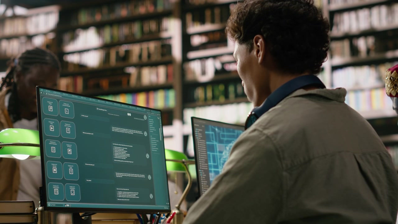 Student using AI brain on desktop and studying in library computer class