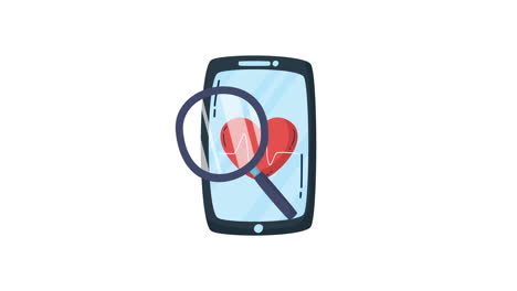 teléfono inteligente con lupa en la pantalla que muestra iconos relacionados con la salud