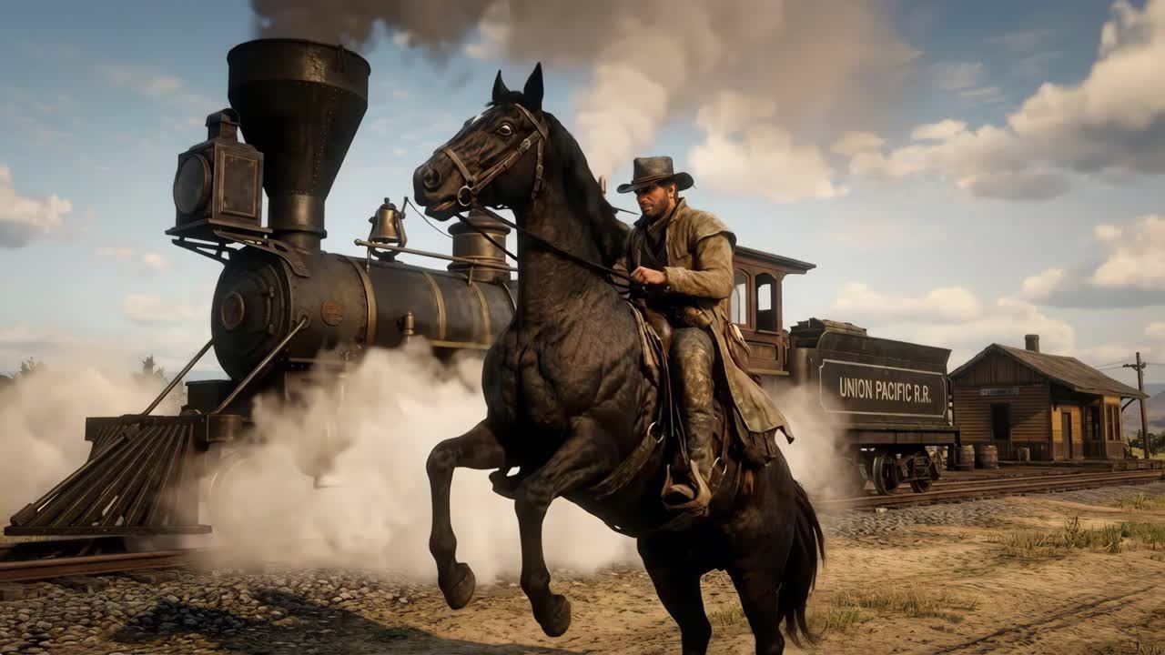 Homem andando a cavalo perto de um trem