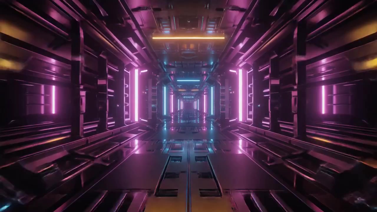 Futuristická sci-fi chodba se zářícími neonovými světly.