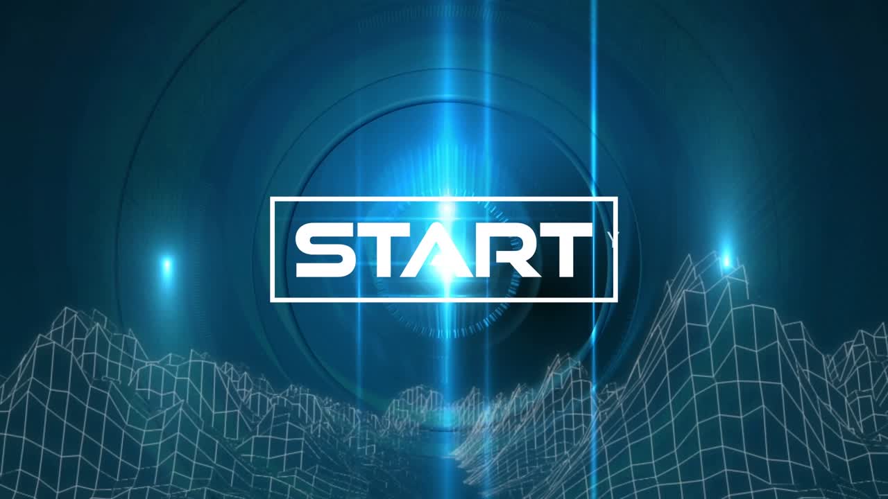 Animation of digital start text with circular light moving over grid patterned mountains, copy space