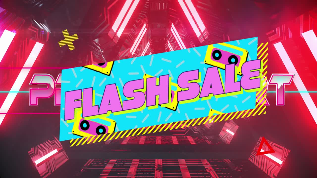 แอนิเมชันข้อความ Flash Sale สีชมพู เหนือแสงไฟนีออนสีแดง