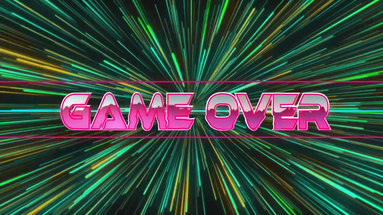 Vuoto che genera strisce, con testo GAME OVER al neon rotante che esplode, barra che si allinea e un'esplosione a stella potenziata.