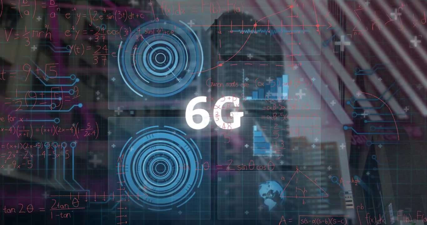 Animation of data processing and 6g text over cityscape
