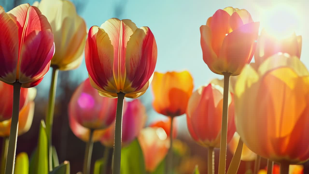 Alakulmasta otettu kuva eloisista tulppaaneista auringonpaisteessa, mikä luo unenomaisen ja seesteisen tunnelman.
