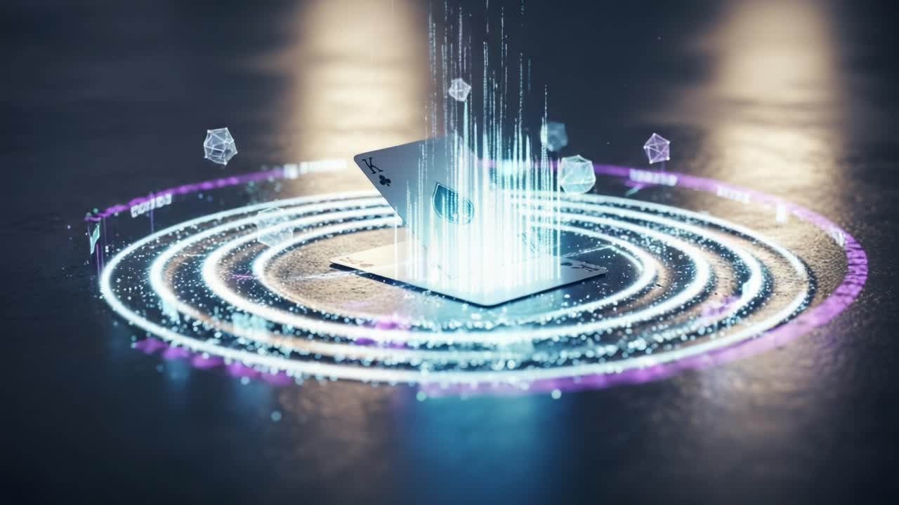 Futuristic Digital Card Concept with Abstract Waves and Data Visualization Emerging from a Central Point in a Dark Environment