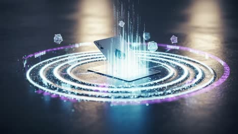 futuristic digital card concept with abstract waves and data visualization emerging from a central point in a dark environment
