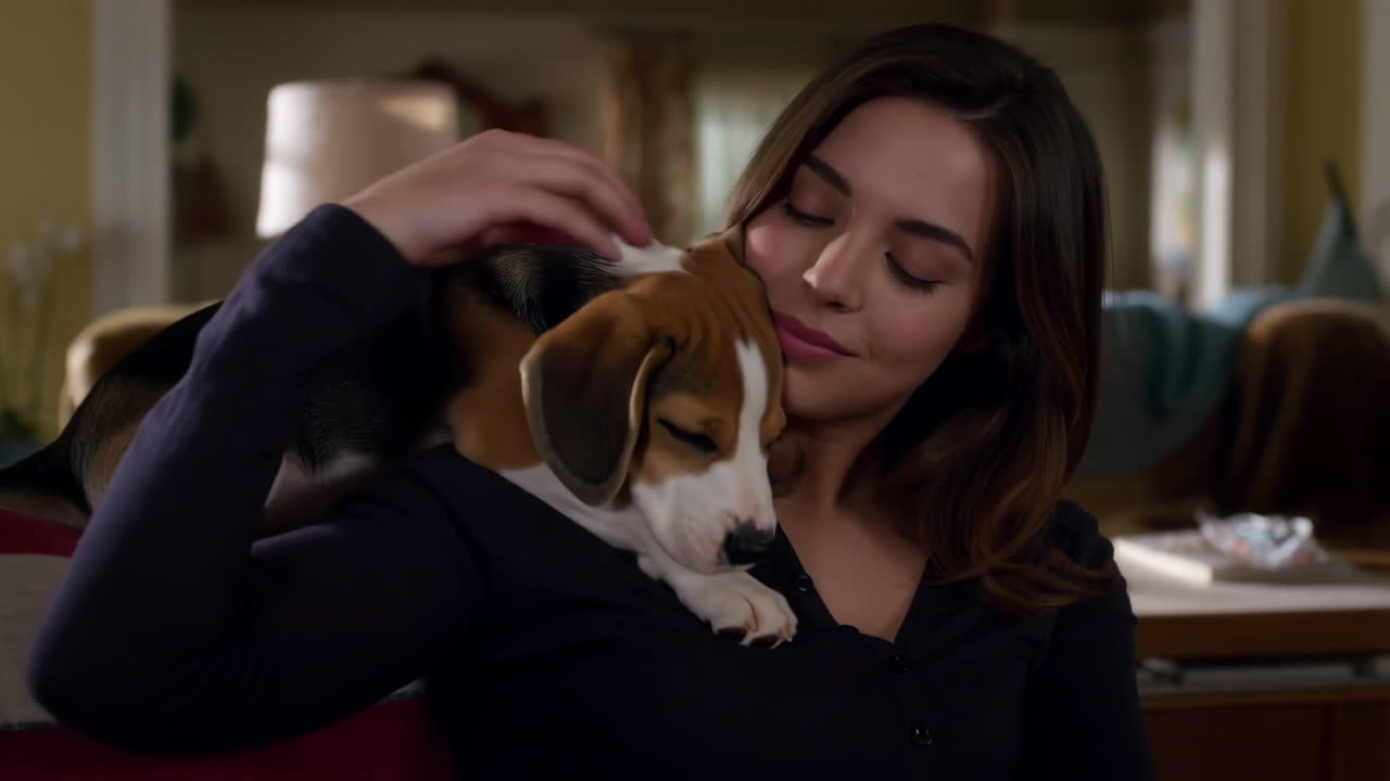 A young woman lovingly holds a beagle puppy on her shoulder