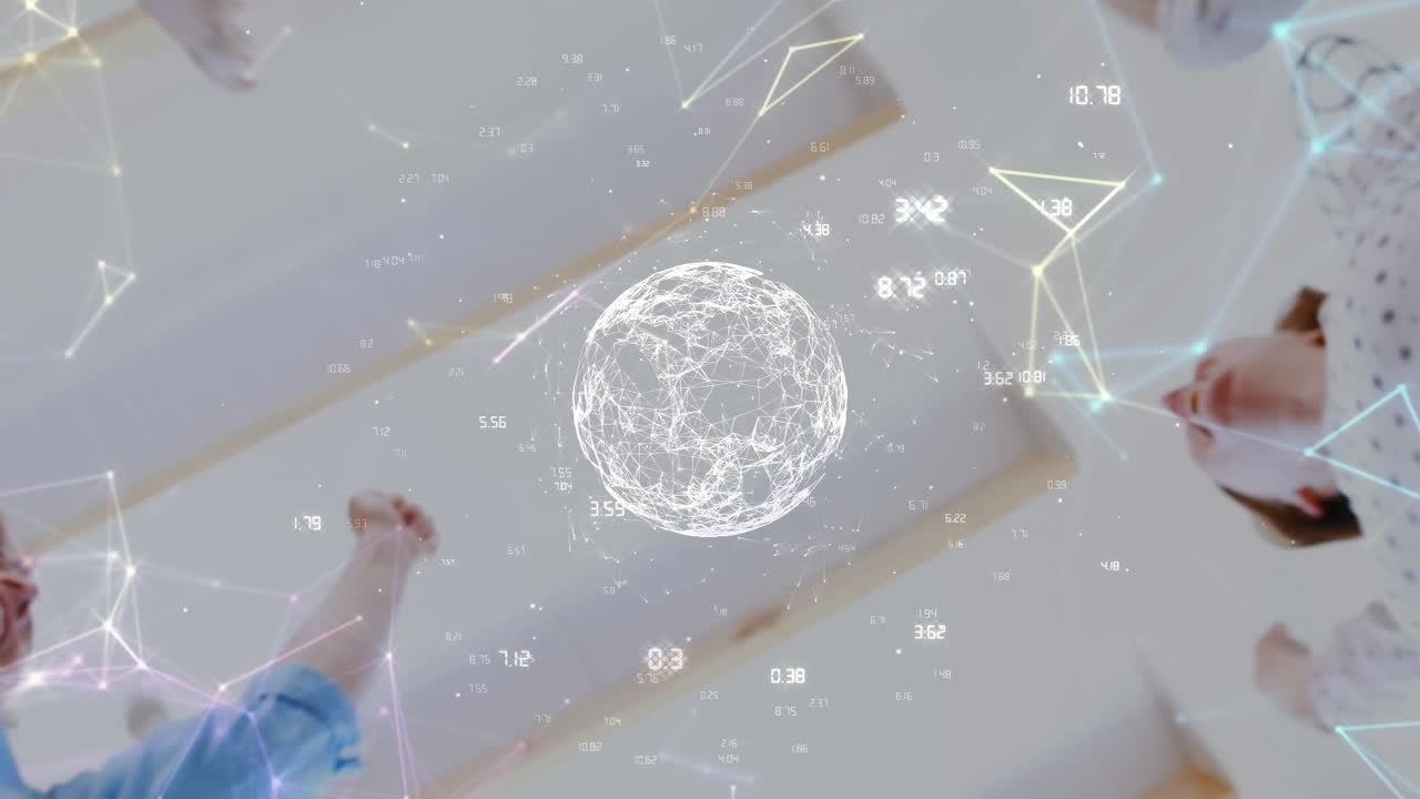 анимация глобуса и обработка данных над разнообразными деловыми людьми, объединяющимися