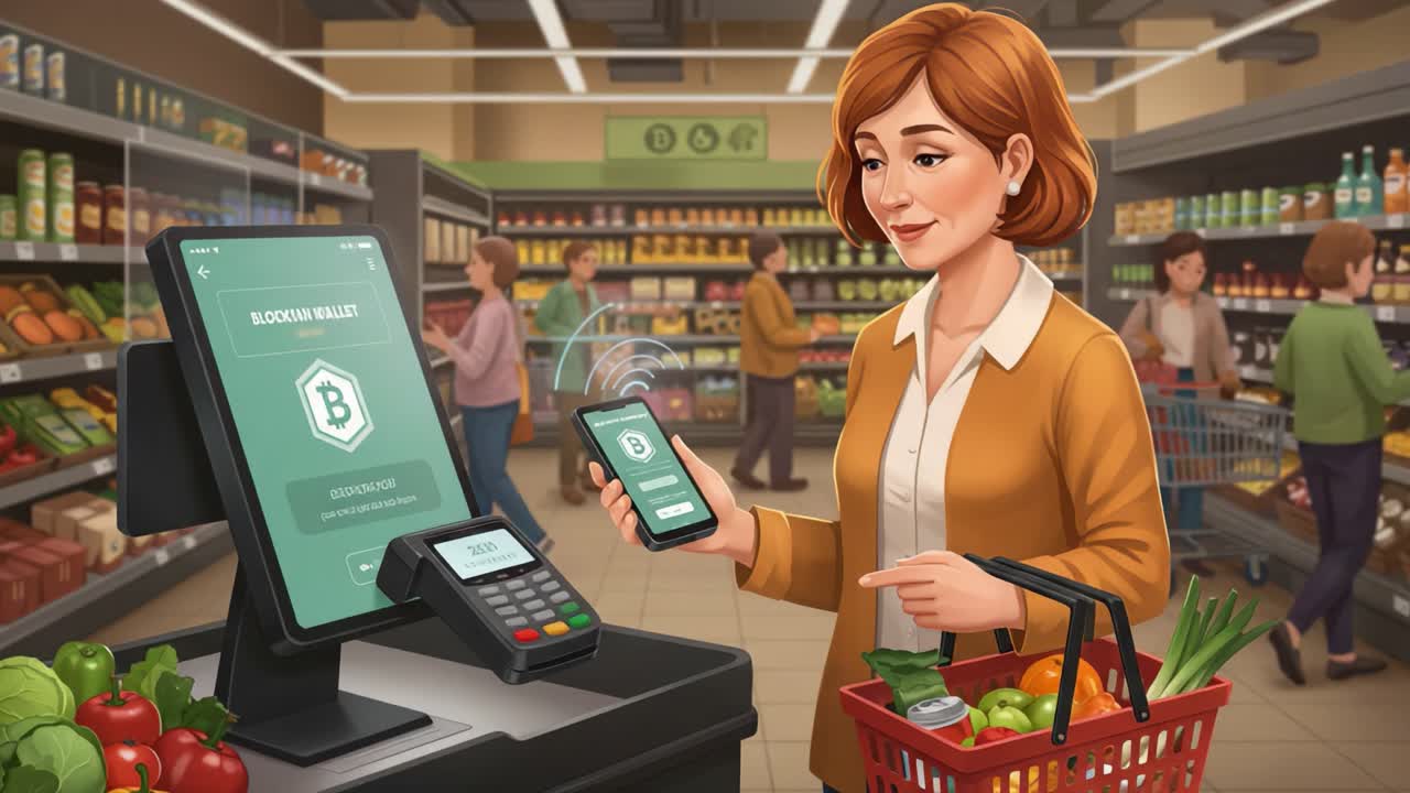 A woman confidently uses a blockchain wallet on her smartphone to make a payment in a supermarket, showcasing modern shopping technology and convenience