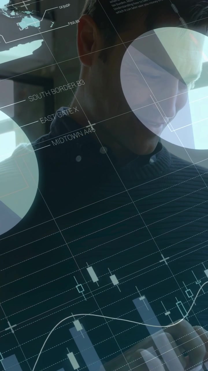 Vertical video: Business analyst watching laptop on live update HUD charts floating tracking growth