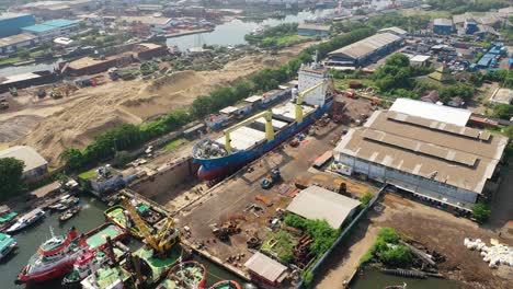ship repair in a busy shipyard