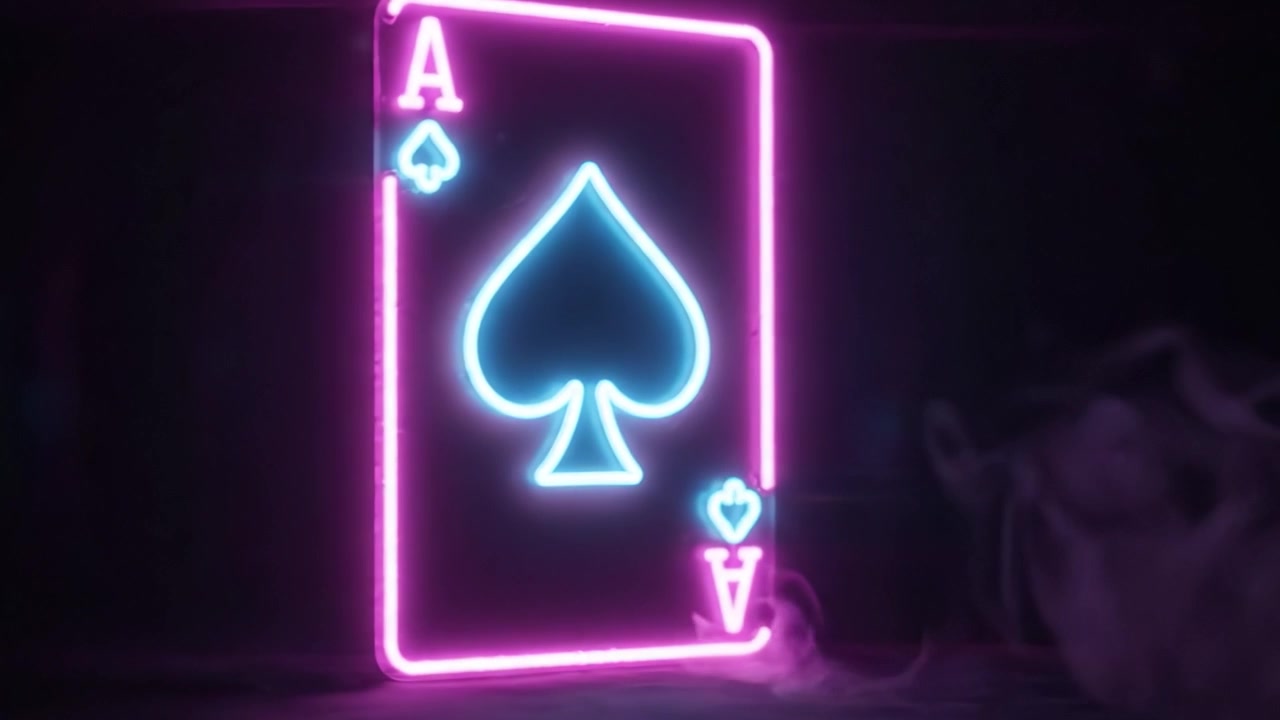 Vibrant Spade Ace Playing Card Illuminated in Neon Glow Against Dark Background with Ethereal Smoke Effects, Showcasing Luxurious and Mysterious Vibes