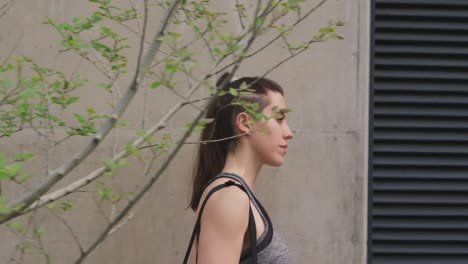 caucasian woman walking in the street