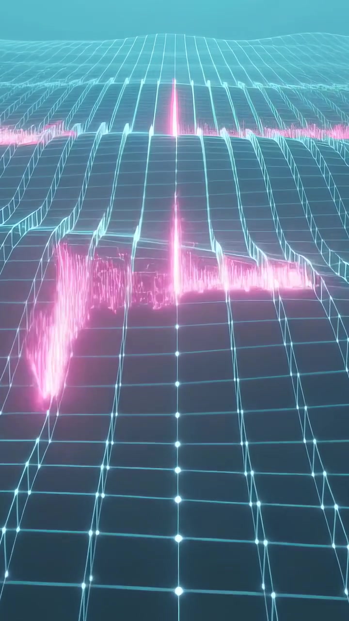Vertical video: Entering pink streak causing cyan grid rising pulsing sending tall beams to horizon