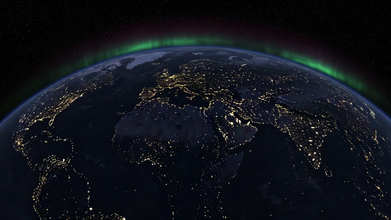 Stunning Aurora Borealis Illuminating Earth at Night: A Mesmerizing View from Above, Showcasing the Vibrant Colors Against a Dark Sky and City Lights