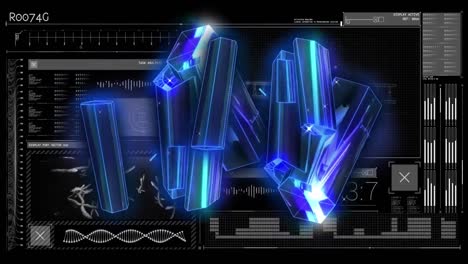 Animation-of-blue-crystals-rotating-over-data-processing-on-black-background