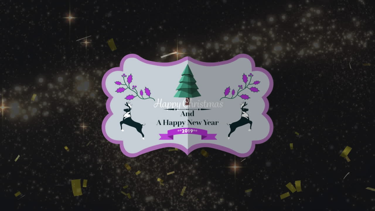 animación de estrellas y confeti sobre la etiqueta con feliz navidad en fondo negro