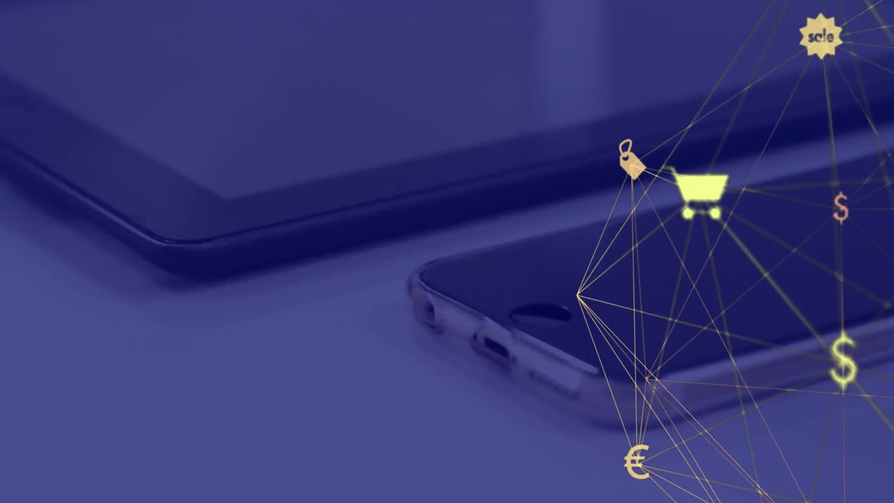 анимация сети соединения с иконами над городским пейзажем