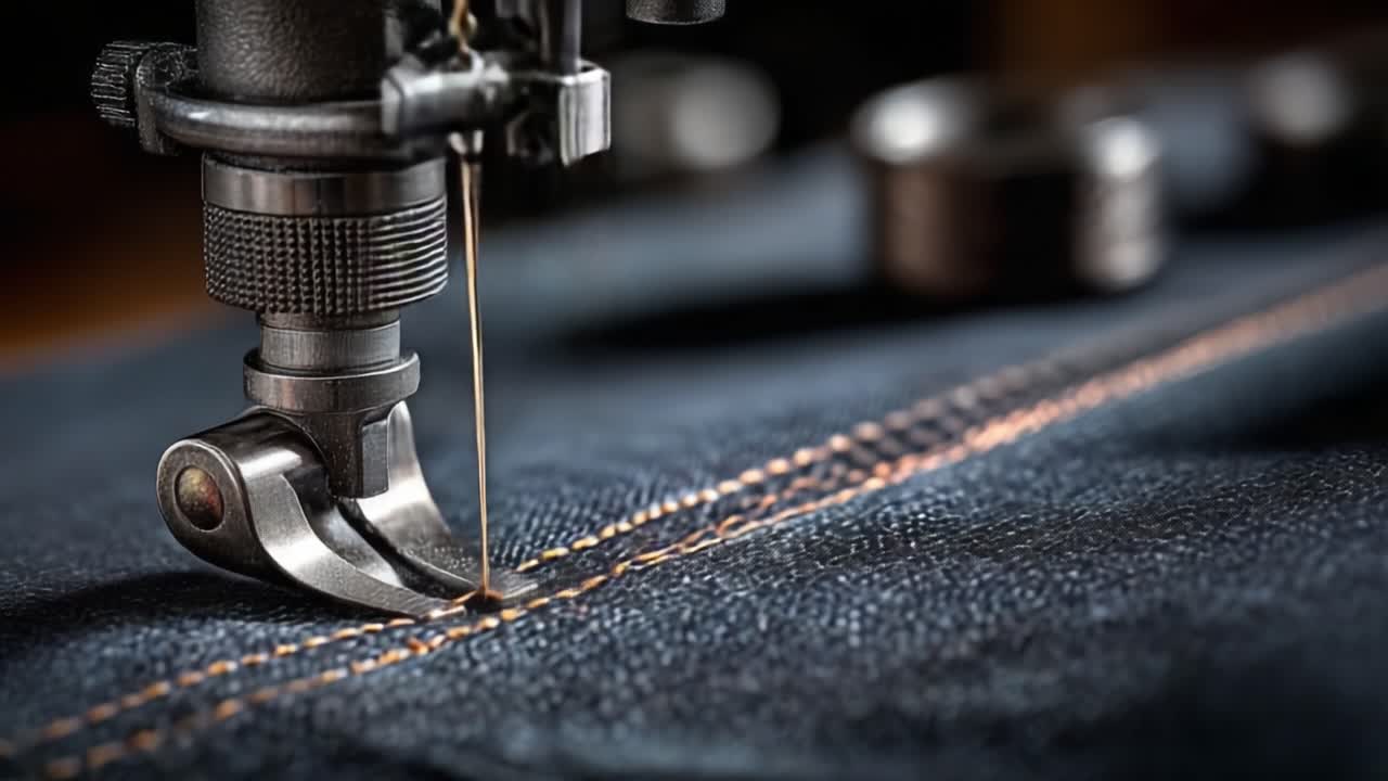 Intricate Detail of a Heavy-Duty Sewing Machine Stitching Denim Fabric in a Close-Up Perspective, Highlighting the Craftsmanship of Textile Artistry