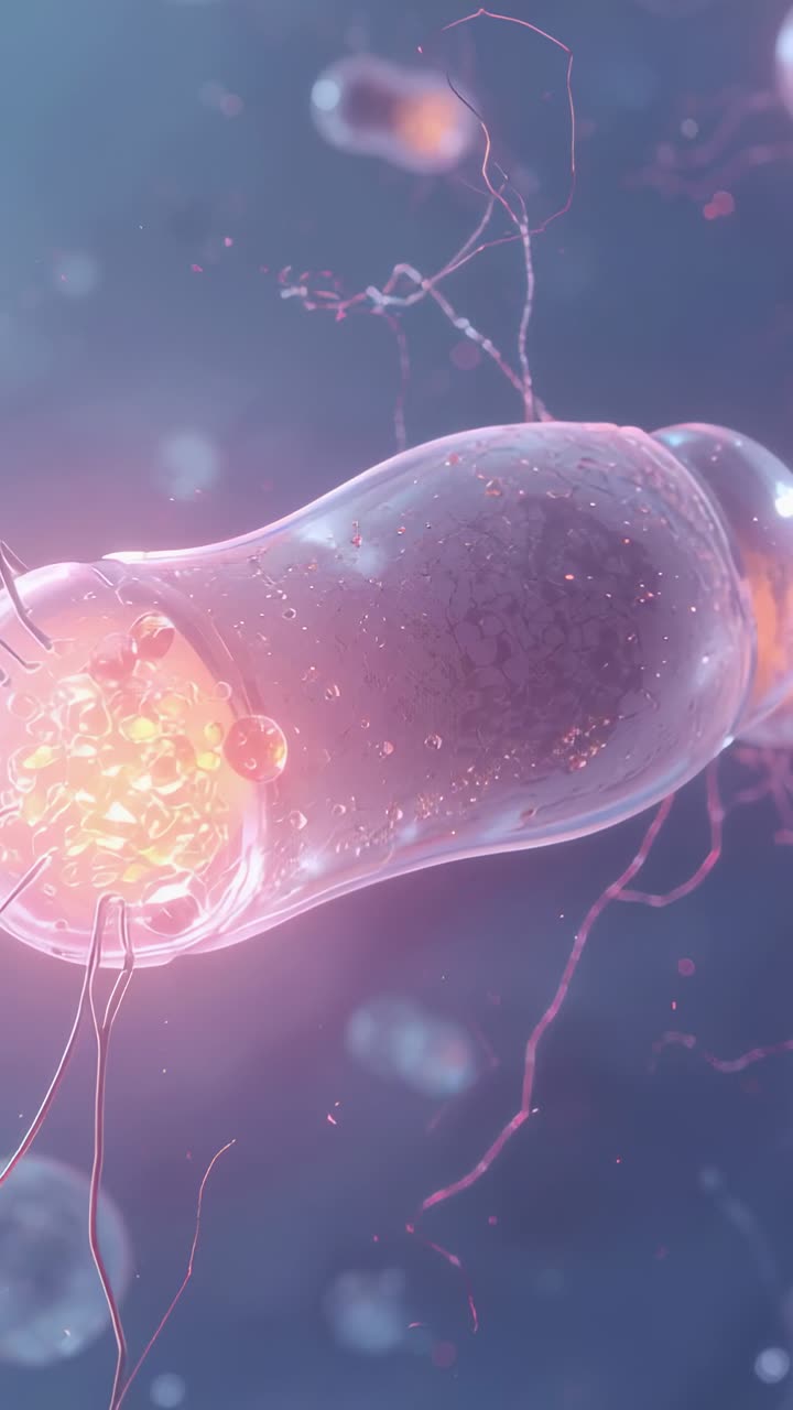 Video verticale: registrazione al microscopio del filamento pulsante simile a una cellula dopo un flash di luce, con vescicole