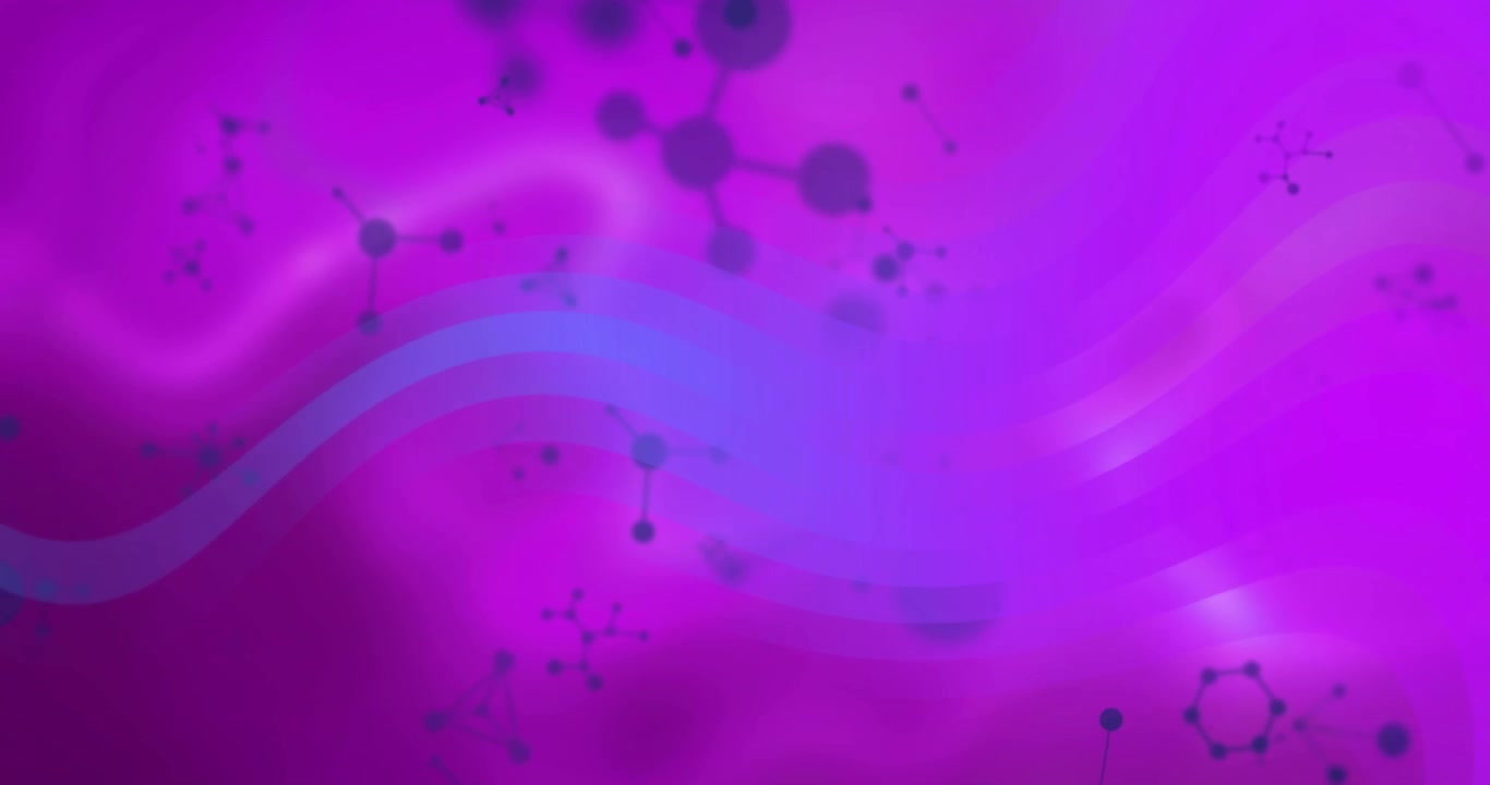 Rete molecolare in movimento su una tela magenta-viola, che mostra nodi scuri, linee sottili, bande blu