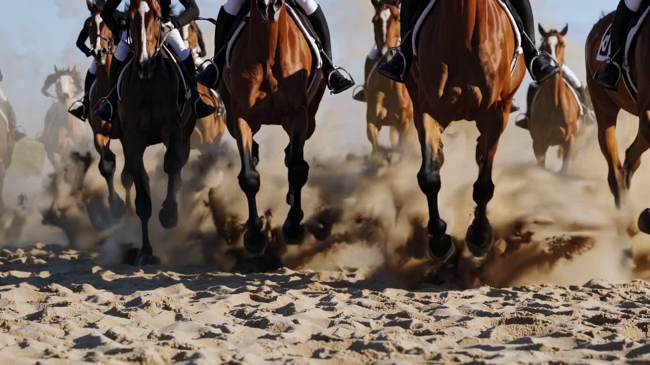 Low-angle video shot of galloping horses on a sandy beach, capturing dynamic motion and energy