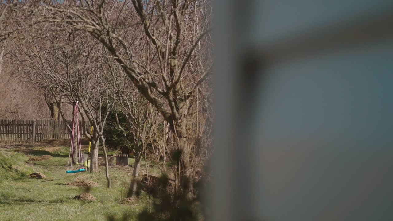 An empty swing hangs in a quiet backyard surrounded by bare trees on a sunny day