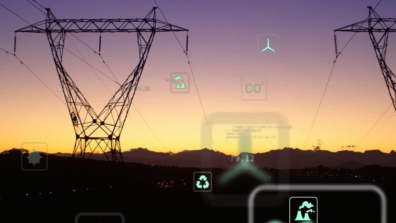 animación de iconos digitales y procesamiento de datos a través de líneas eléctricas