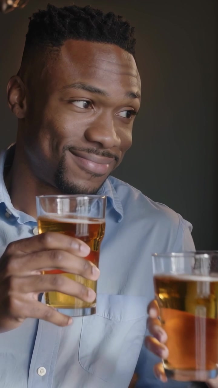 Vídeo vertical: Homem de camisa azul segurando duas canecas, reagindo a um brinde com uma caneca levantada no bar.