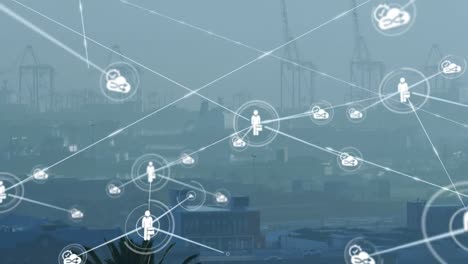 animation of network of connections over cityscape