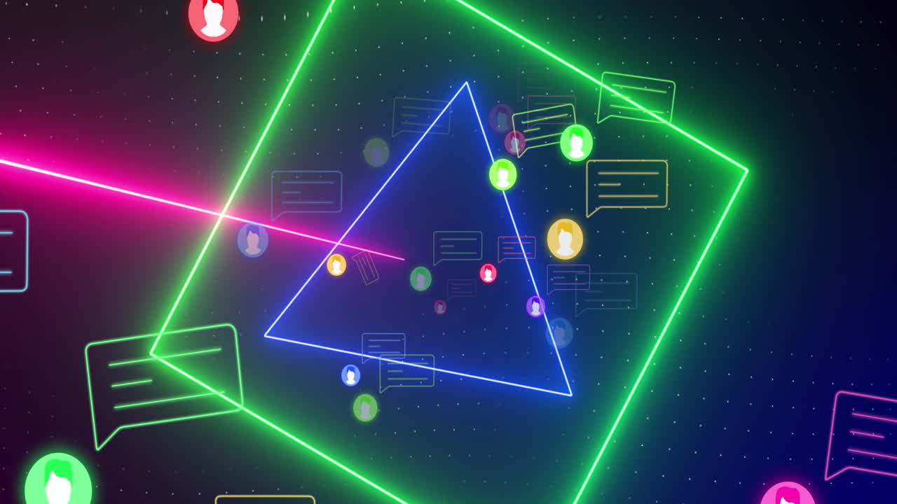 검은색 배경에 있는 미디어 아이콘과 모양의 애니메이션