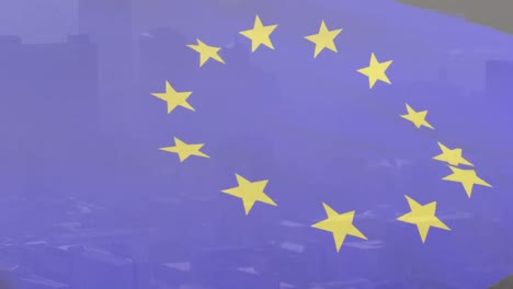 animation of flag of european union over modern cityscape