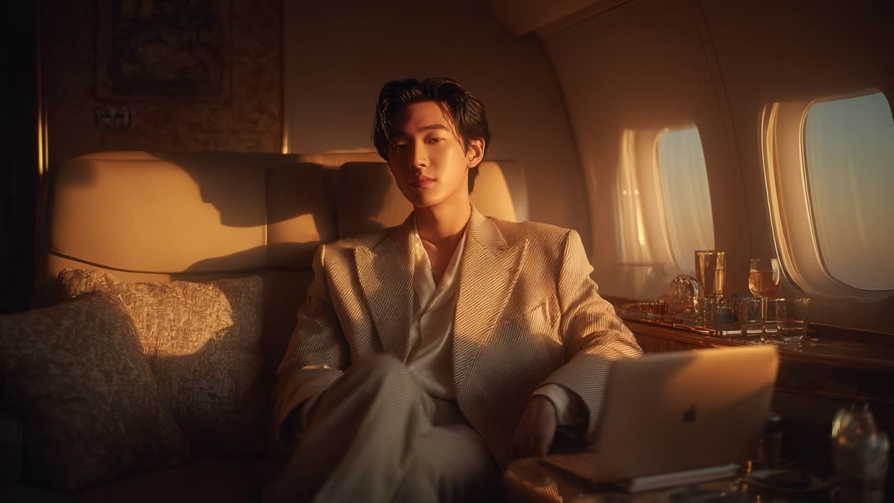 Elegant Individual Relaxing in a Luxurious Private Jet Cabin, Exuding Sophistication and Comfort amidst a Warm Golden Glow