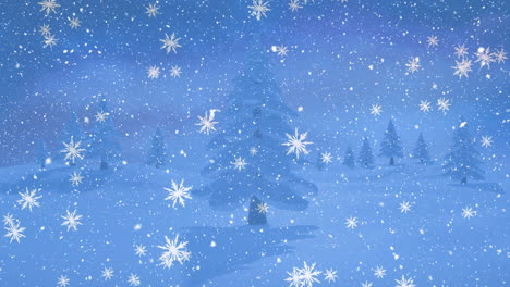 animation of snow falling over winter fir trees landscape background