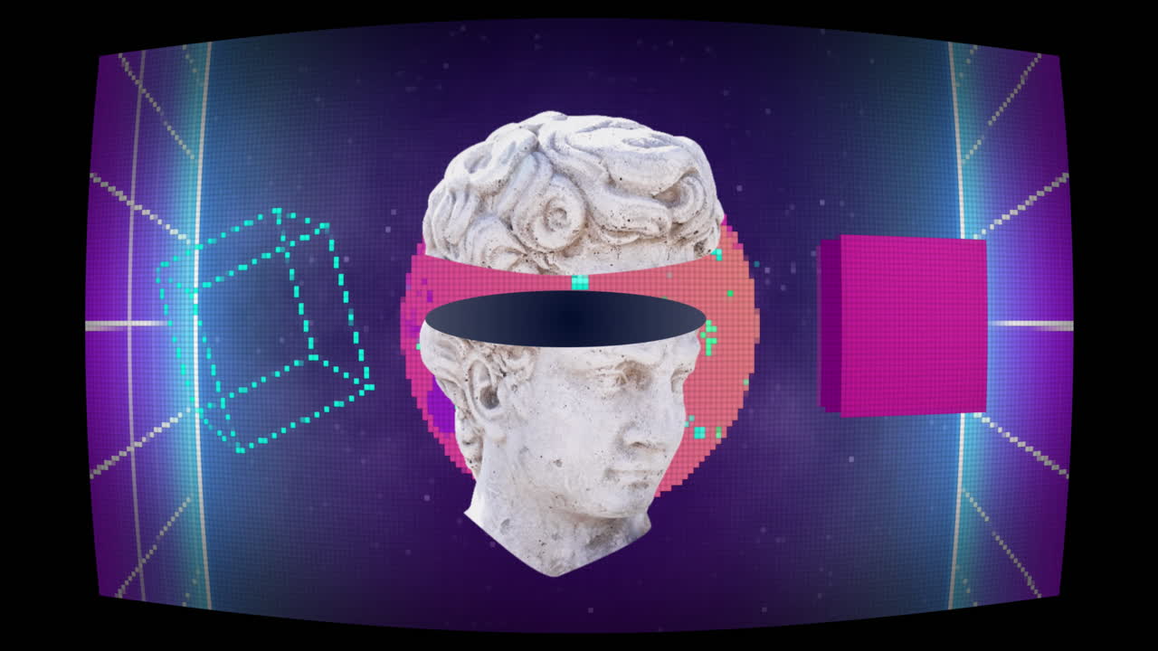반이는 모양 위에 고대 조각의 머리의 애니메이션