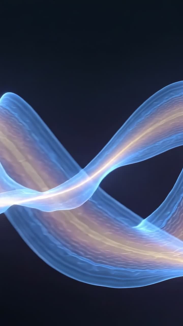 Video verticale: Nastri blu-oro che si muovono e incorniciano, scorrendo su una tela a gradiente scuro, evocando fluidità.