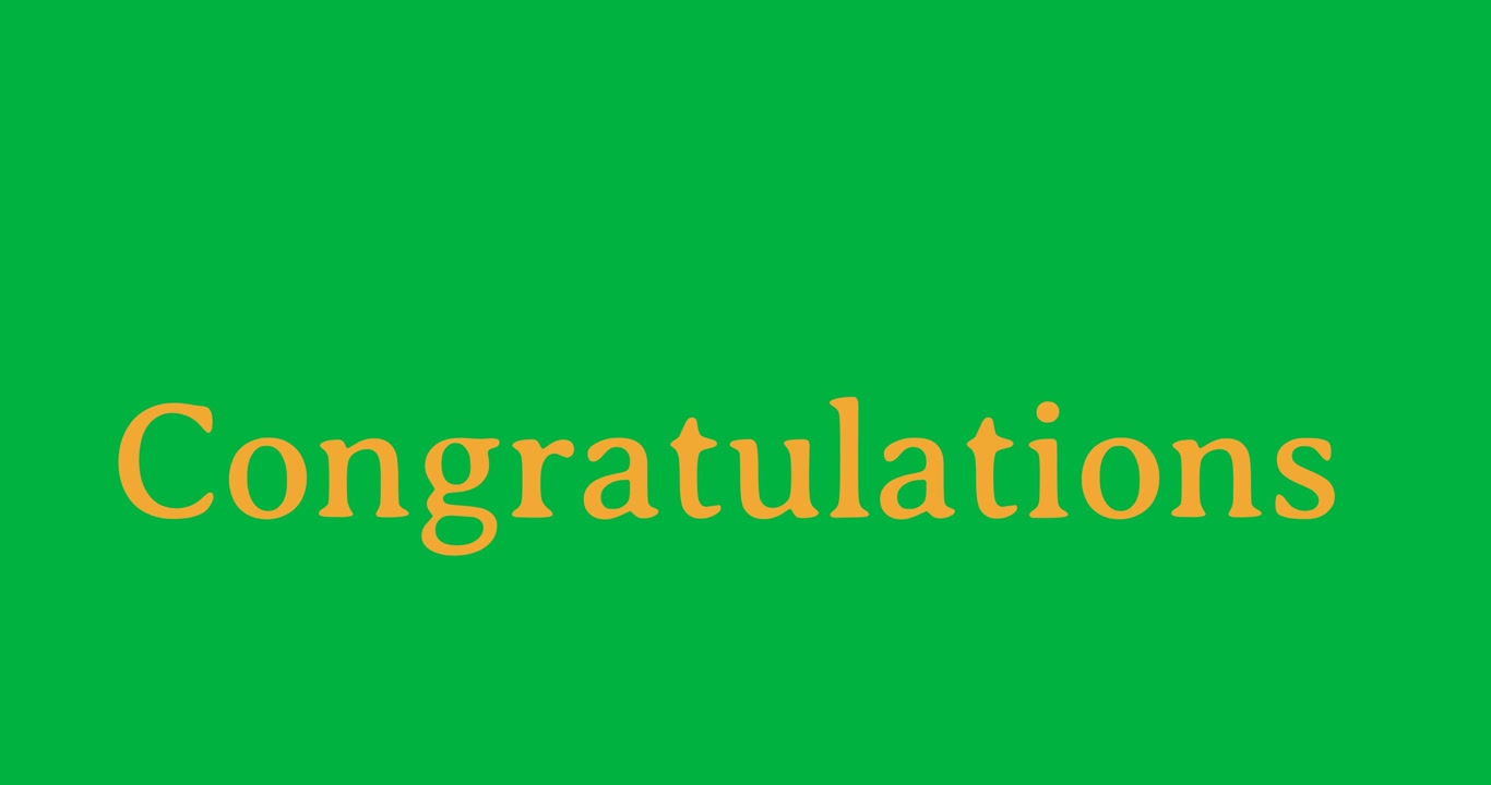 Animazione digitale di un banner con testo giallo "congratulazioni" su sfondo nero.