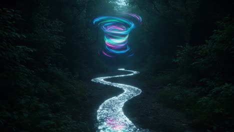 A Mesmerizing Swirling Light Phenomenon Captivates a Serene Forest Scene Illuminated by the Glowing Reflections of a Meandering Stream Beneath a Mystical Canopy