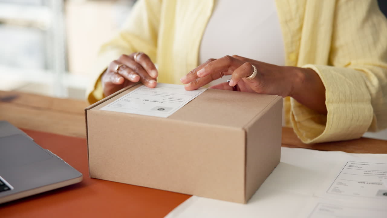 Hands Applying Shipping Label to Cardboard Box for Delivery