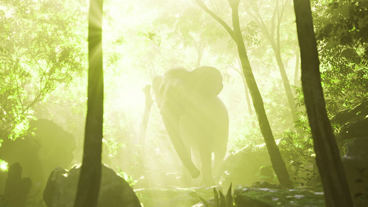 majestuoso elefante caminando a través de un bosque iluminado por el sol en la luz de la mañana