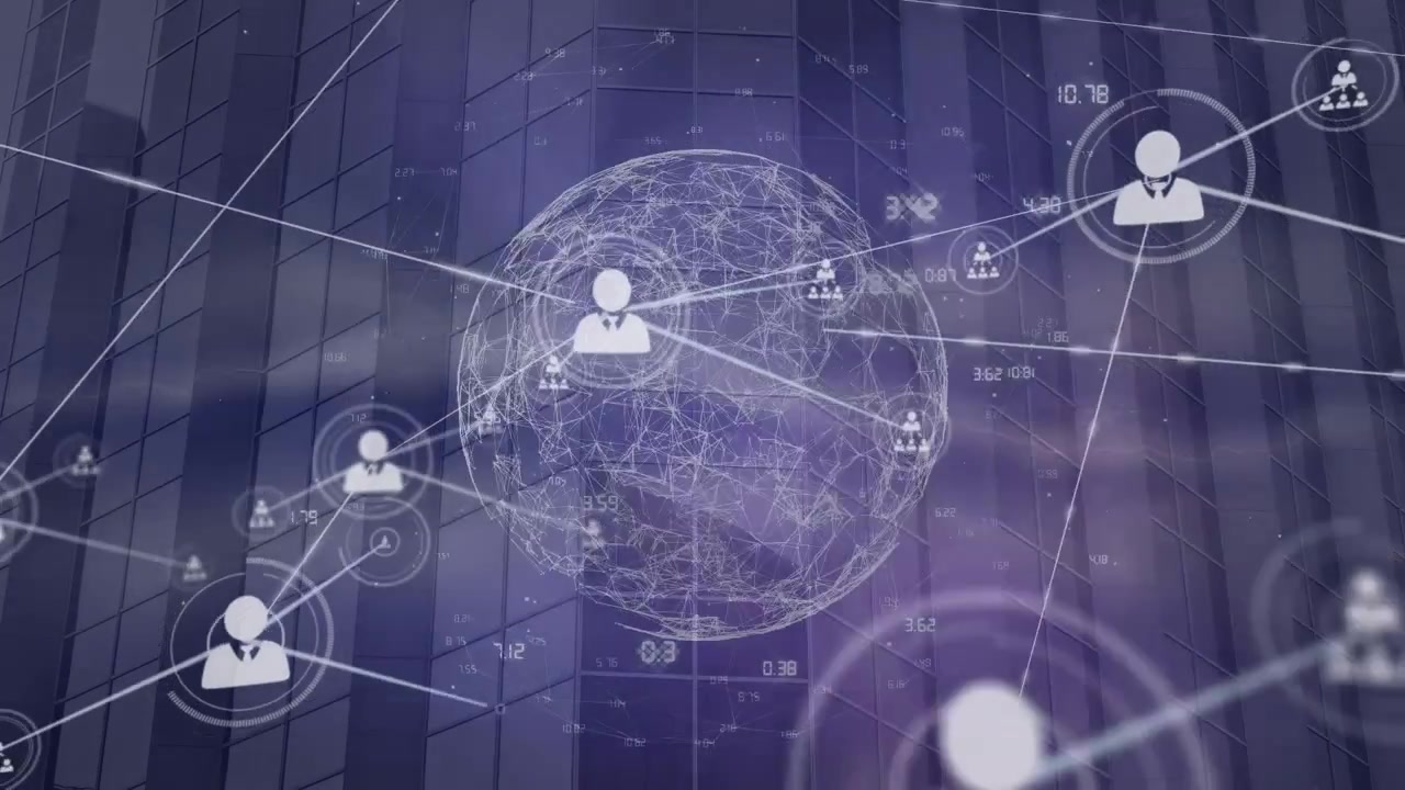 Animation of network of profile icons and globe of network of connections against tall building